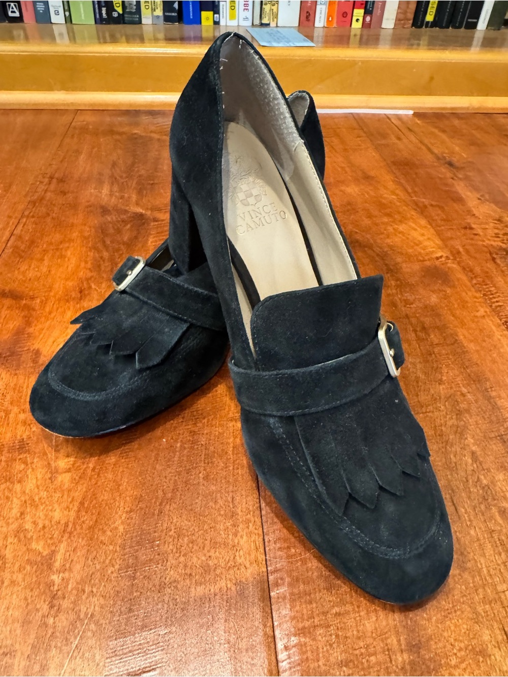 Vince Camuto Black Suede Kiltie Block Heels with Buckle